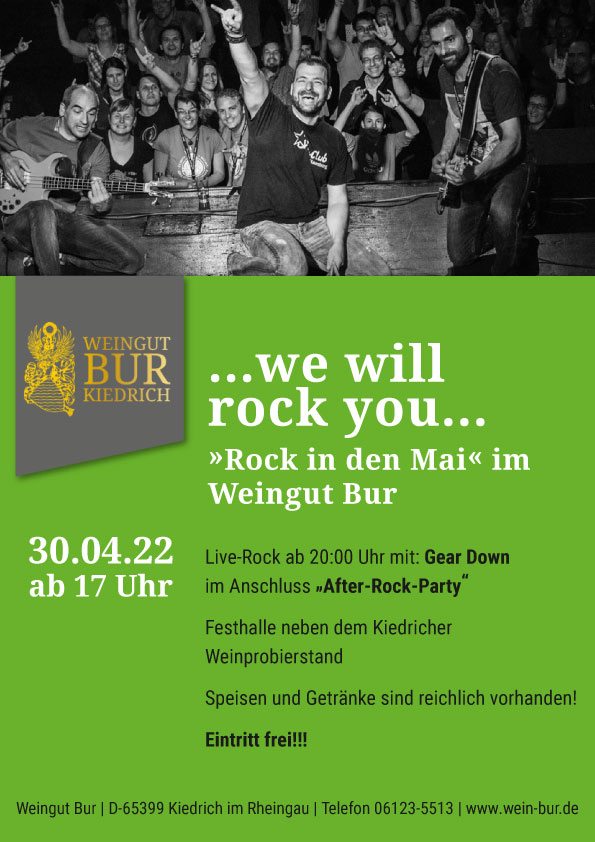 Plakat "We will rock you" zum Rock in den Mai im Weingut Bur
